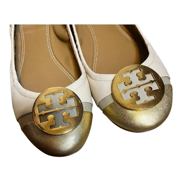 $258 Tory Burch Minnie Cap-Toe Ballet Flat Shoes 9 Cream gold - Picture 4 of 6